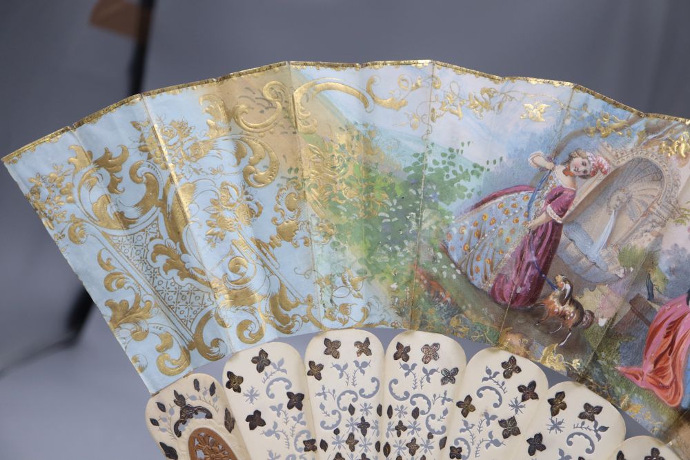 A 19th century French painted leaf and ivory fan